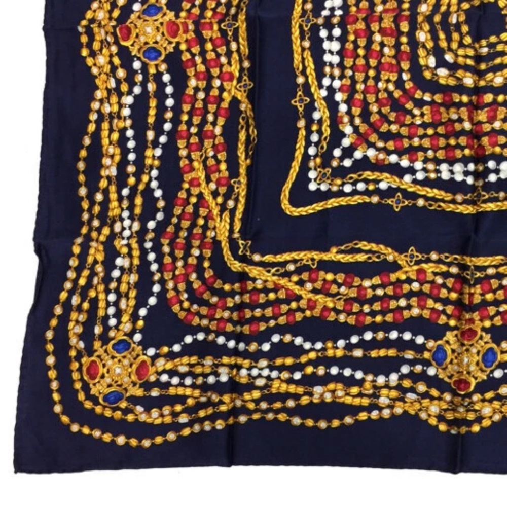 Authentic CHANEL Silk head Scarf large 34”x 34” 87cm Navy Red Gold Classic rope - Picture 15 of 16